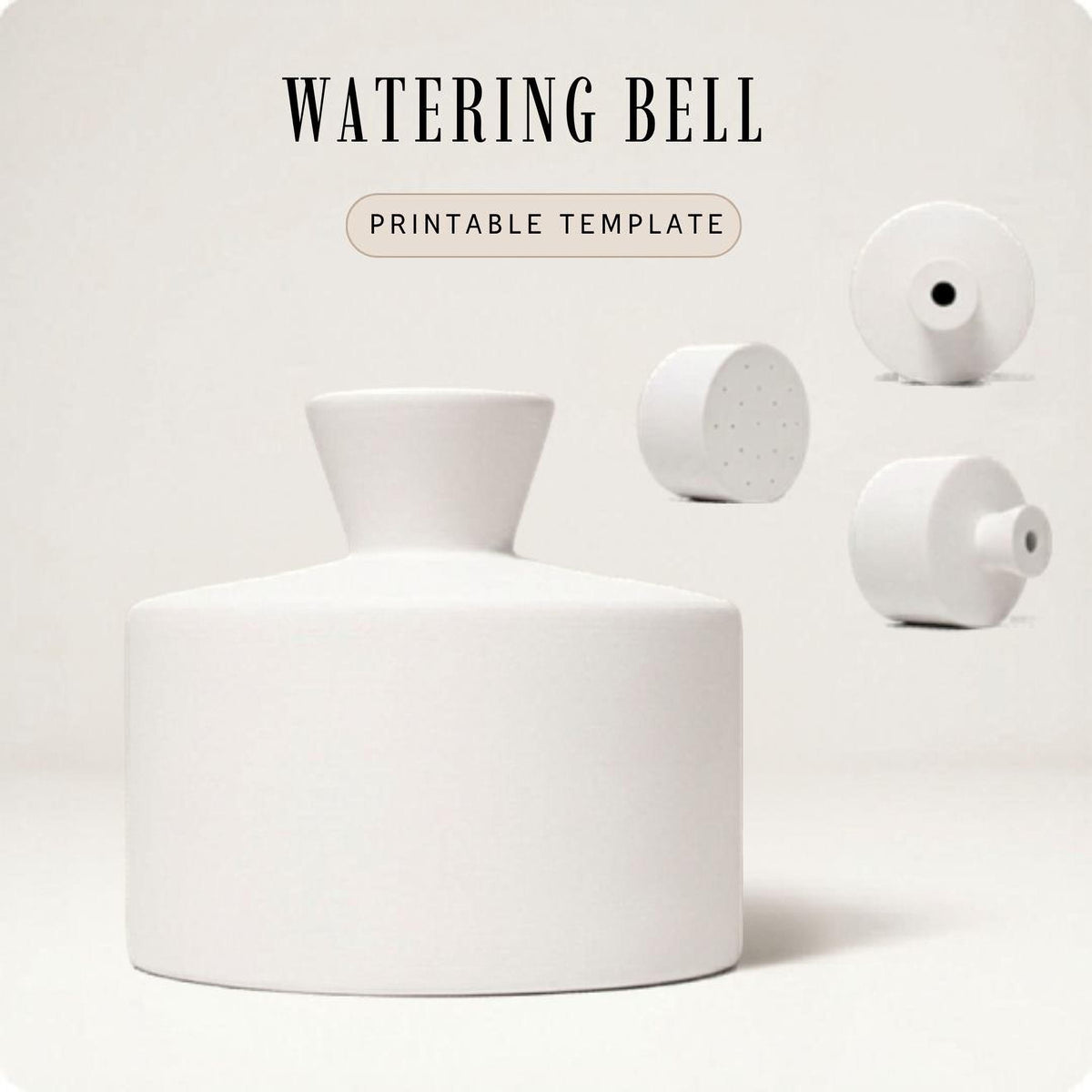 a white ceramic object, possibly a vase or a container, with a watering bell attached to it. The object appears to be a simple, minimalist design with a round shape and a small opening at the top.