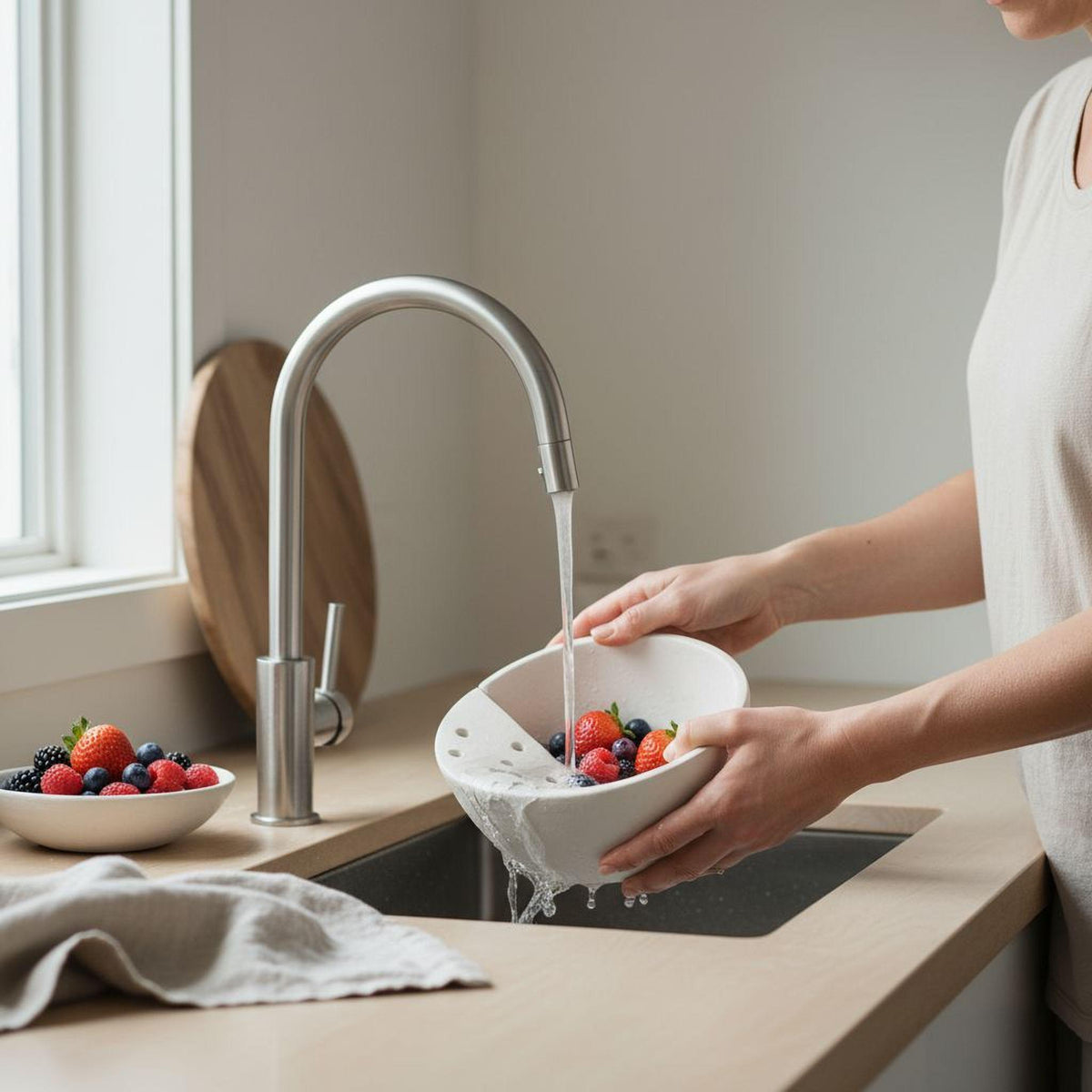 A person is washing a bowl of mixed berries in a kitchen sink, with another bowl of berries nearby.