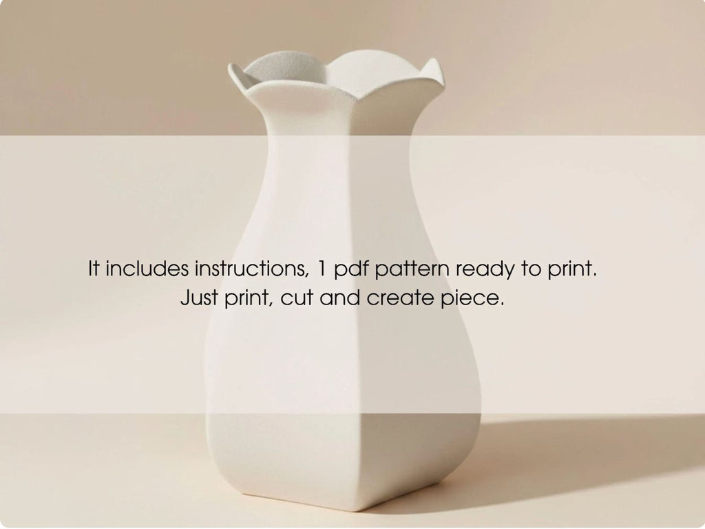 A white ceramic vase with instructions for creating a piece, including printing a pattern and cutting and creating the final piece.