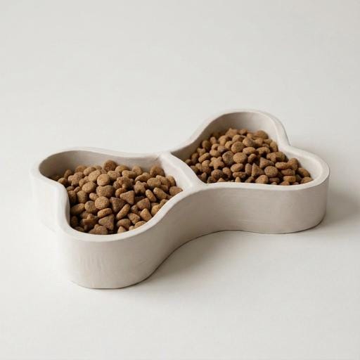 A white ceramic bowl with two compartments, filled with dog food, sits on a white surface.