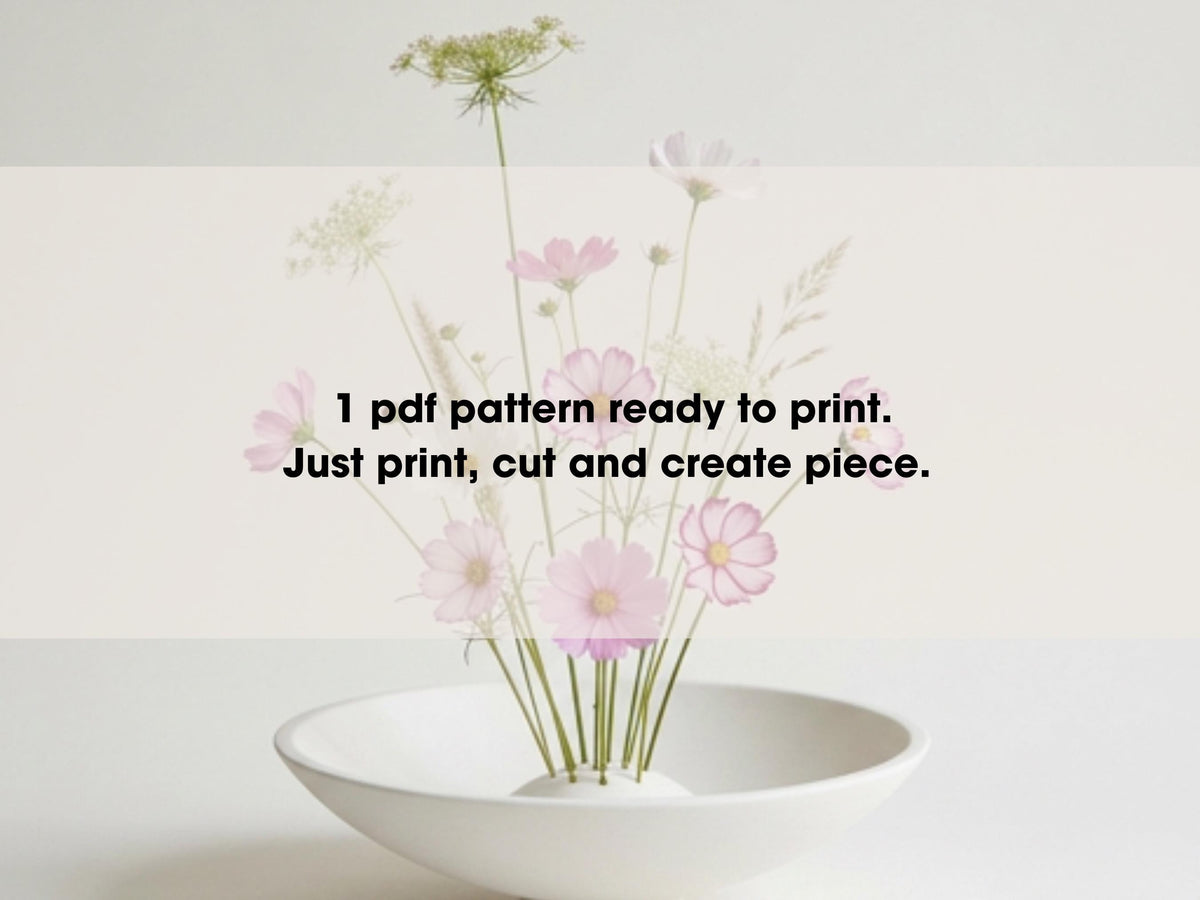 a white bowl containing a bouquet of pink and white flowers, with a text overlay that reads "1 pdf pattern ready to print. Just print, cut and create piece."