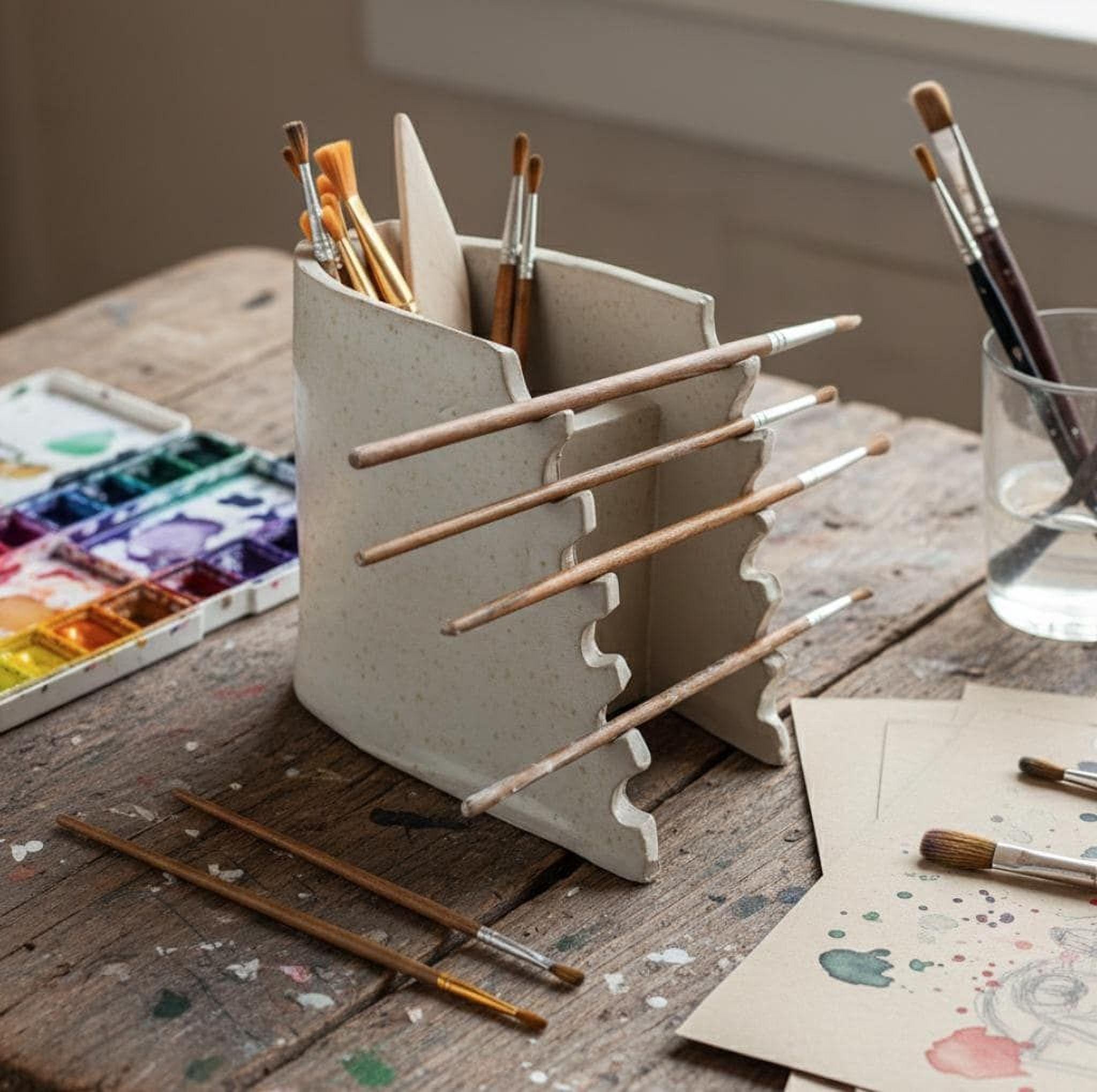 a wooden table with various art supplies, including a white ceramic container holding multiple paintbrushes, a palette of watercolor paints, and some papers with paint splatters.