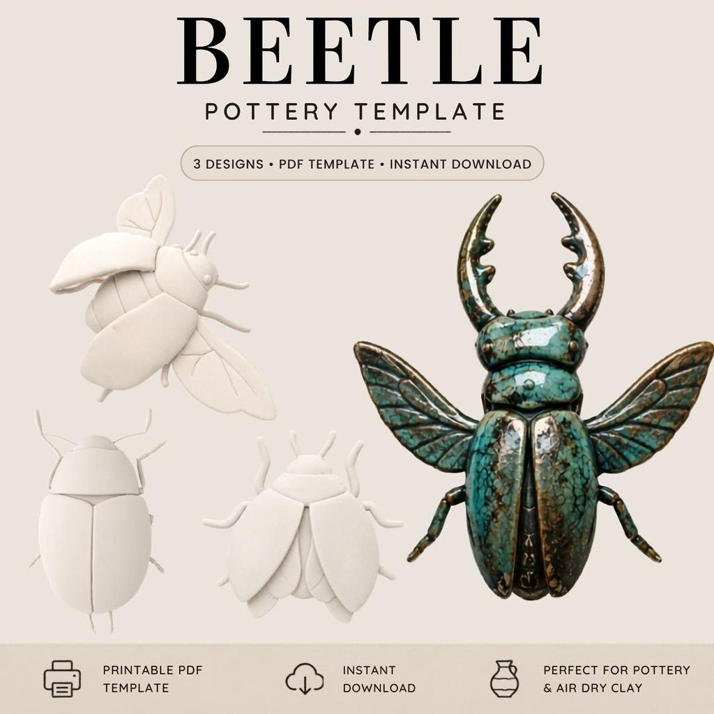 The image is a collection of three different designs of a beetle, including a white and black beetle, a green and black beetle, and a blue and black beetle. The image also includes a template for a pottery design, which can be printed, instant download, and is perfect for pottery and air dry clay.