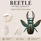 The image is a collection of three different designs of a beetle, including a white and black beetle, a green and black beetle, and a blue and black beetle. The image also includes a template for a pottery design, which can be printed, instant download, and is perfect for pottery and air dry clay.