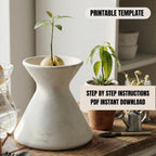a white ceramic pot containing a small plant with green leaves, placed on a wooden surface. There is also a small plant in a glass jar nearby. The image includes text that reads "PRINTABLE TEMPLATE" and "STEP BY STEP INSTRUCTIONS PDF INSTANT DOWNLOAD".