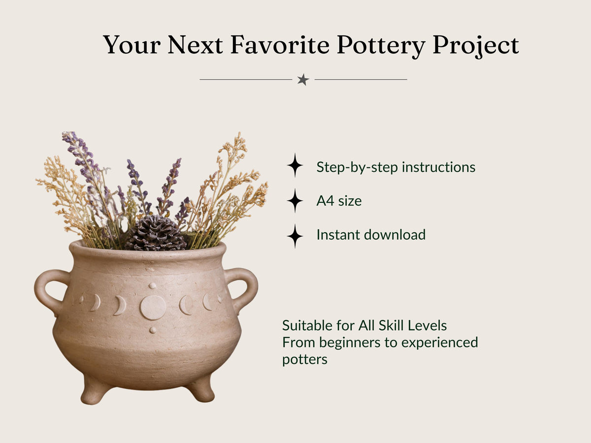 The image is a poster advertising a pottery project, featuring a pottery piece with dried flowers and pine cones. The poster provides step-by-step instructions and a size A4 for the project, and it is suitable for all skill levels, from beginners to experienced potters.