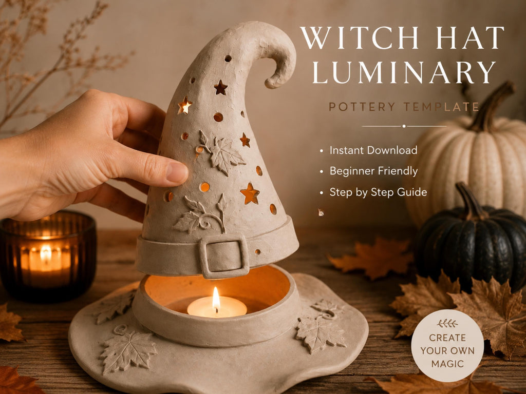 A hand is holding a white ceramic witch's hat with a lit candle inside, surrounded by autumn leaves and pumpkins on a wooden surface.