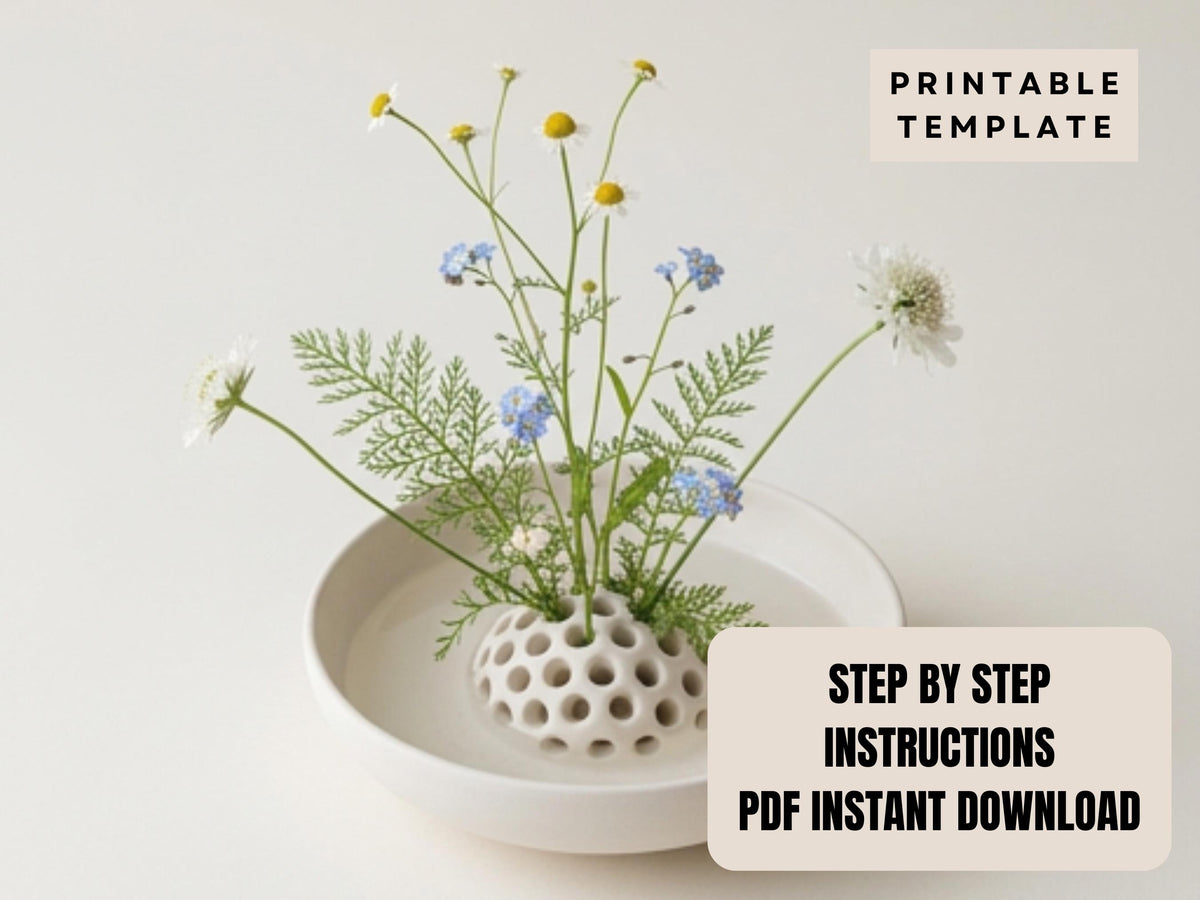 a white bowl containing a small arrangement of blue and white flowers, with a text overlay providing instructions for a similar floral arrangement.